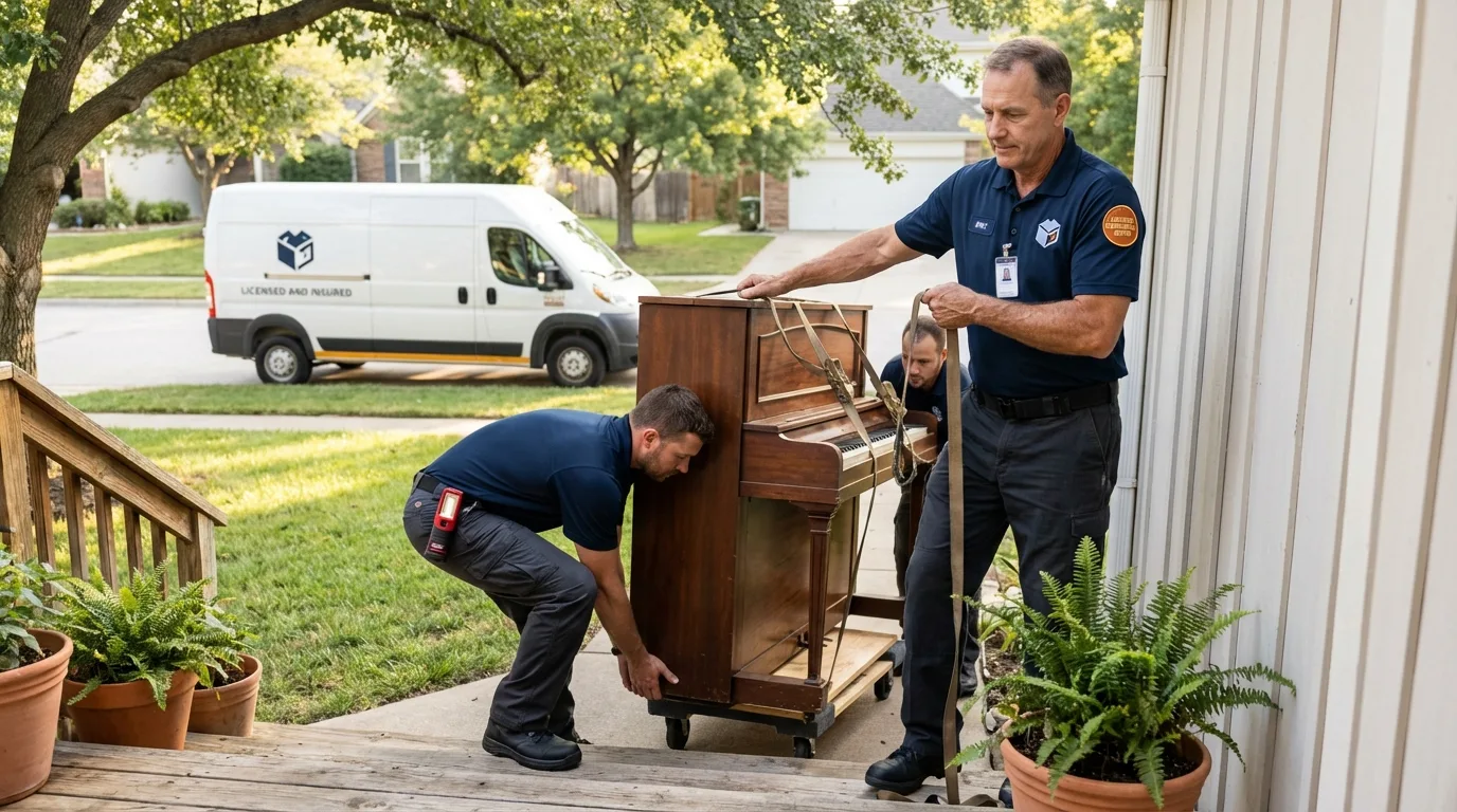 Licensed piano movers securing grand piano in Abbottstown, PA
