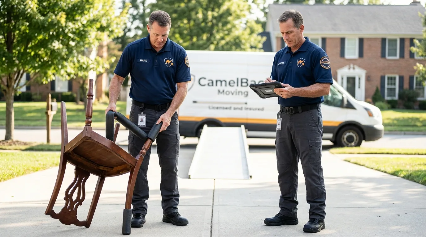 Movers inspecting furniture for damage prevention before loading in Abbottstown, PA